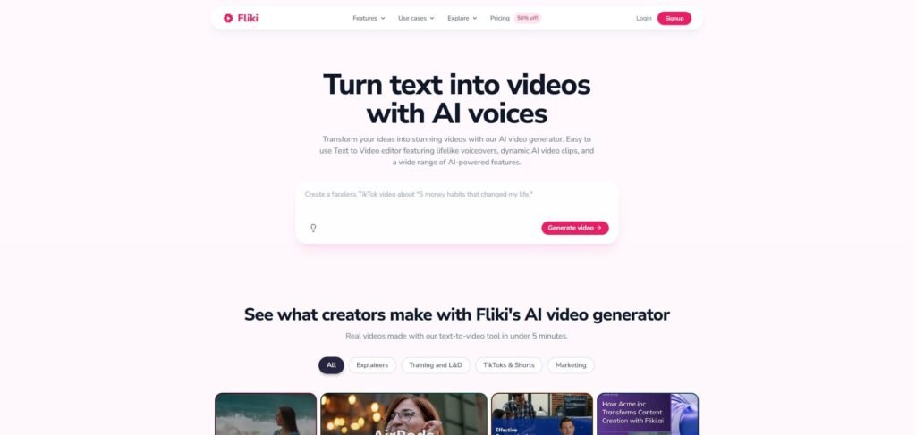Fliki ai video generator homepage