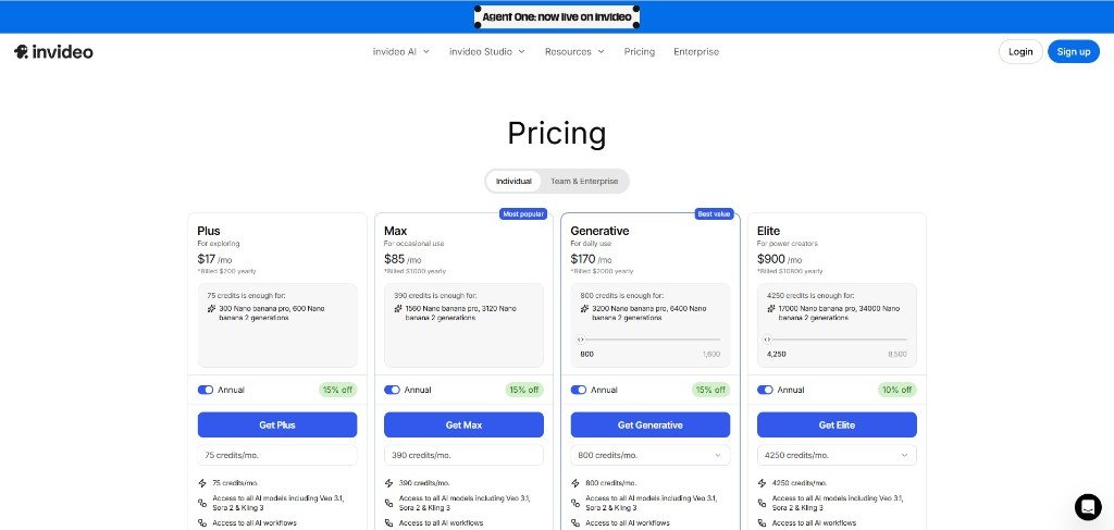 Invideo ai pricing plans