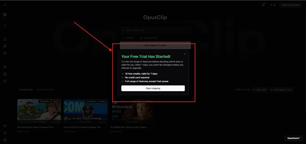 OpusClip free trial pop up without Credit Card details