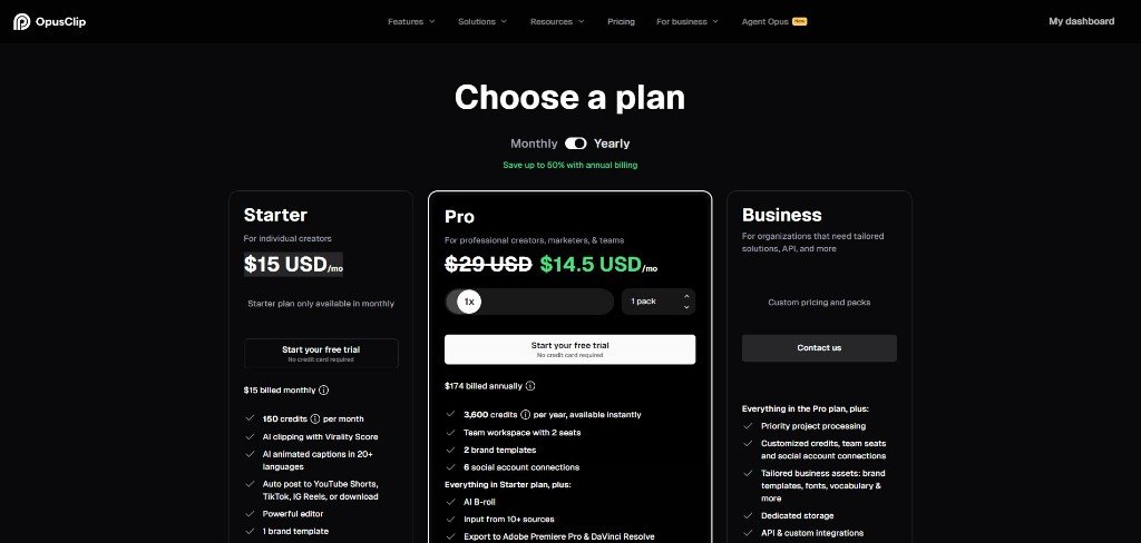 OpusClip pricing plans