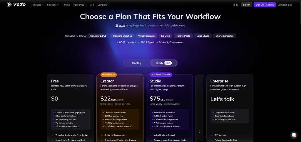 VOZO ai pricing page