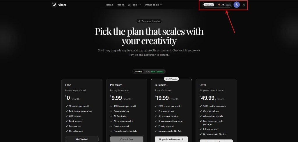 Vheer ai pricing page