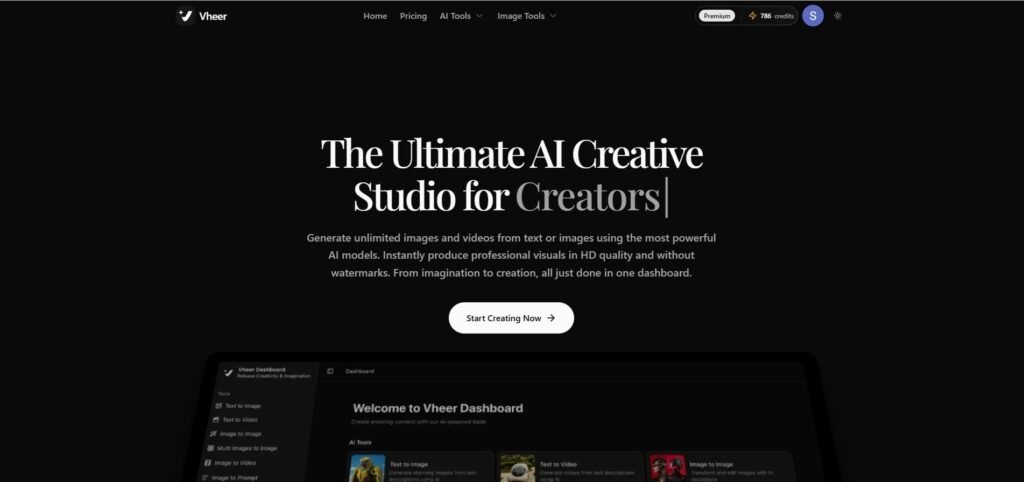 Vheer ai video generator homepage