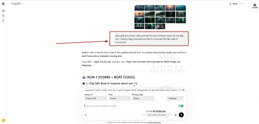 Video prompt from ChatGPT for best affordable ai video generator Screenshot