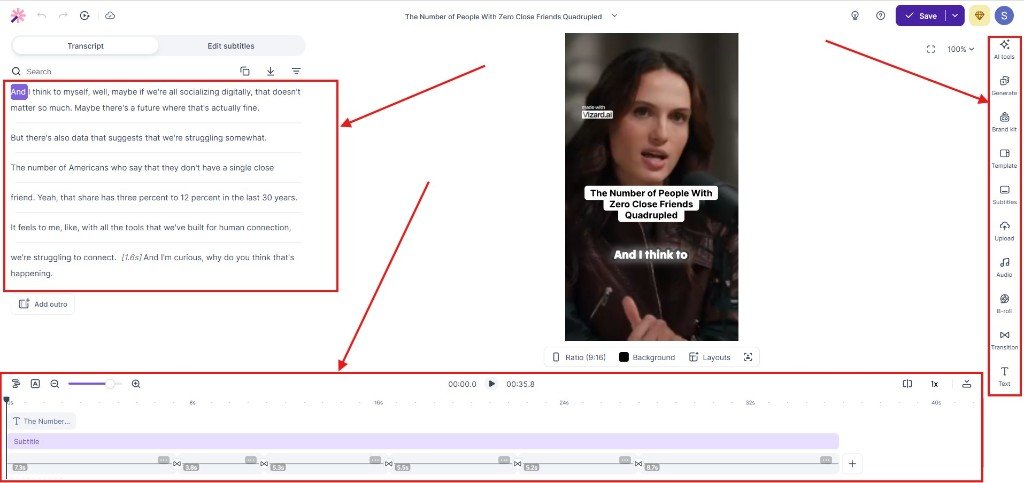 Vizard ai shorts edit dashboard