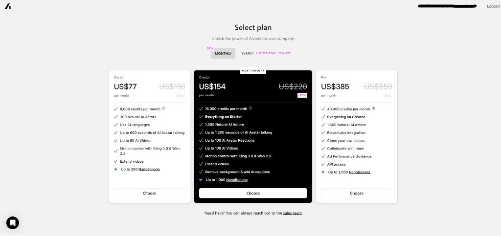 Arcads ai monthly pricing plan