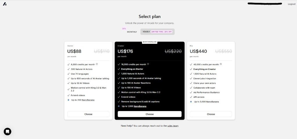 Arcads ai yearly pricing plan