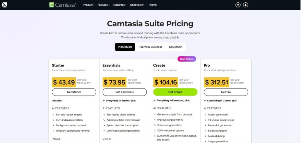 Camtasia annual pricing plans