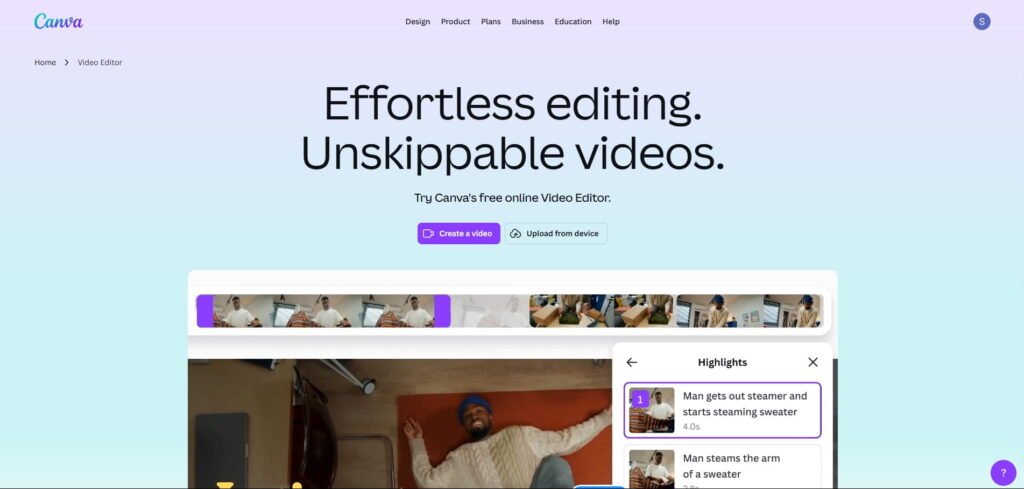 Canva video editor homepage