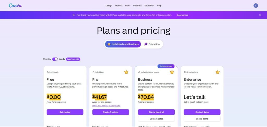 Canva video editor pricing page