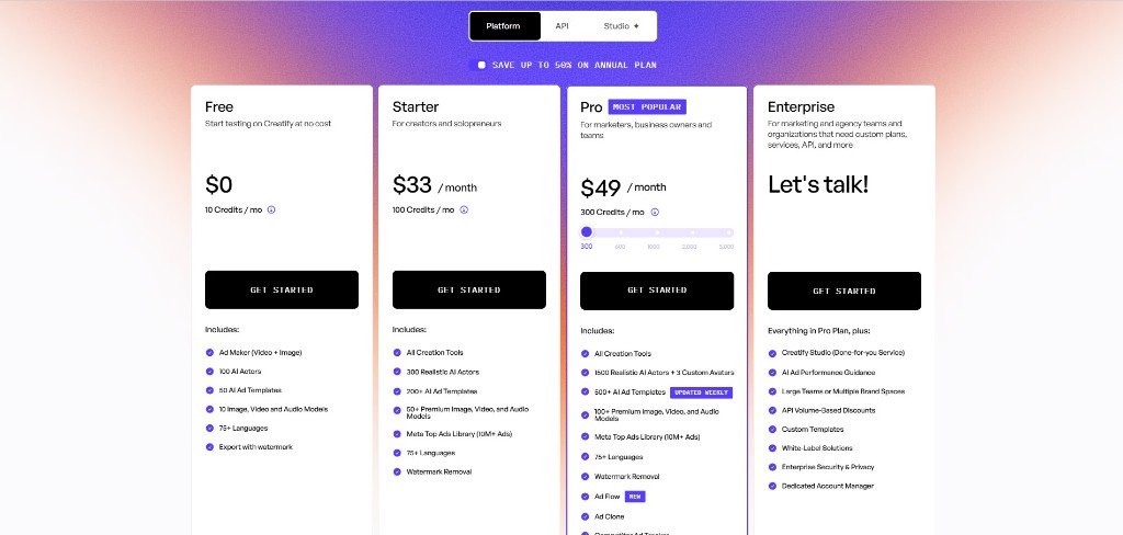 Creatify ai yearly pricing plan