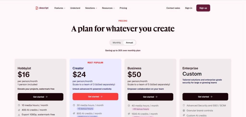 Descript pricing plans