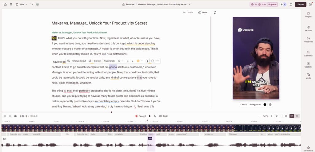 Descript video editing dashboard
