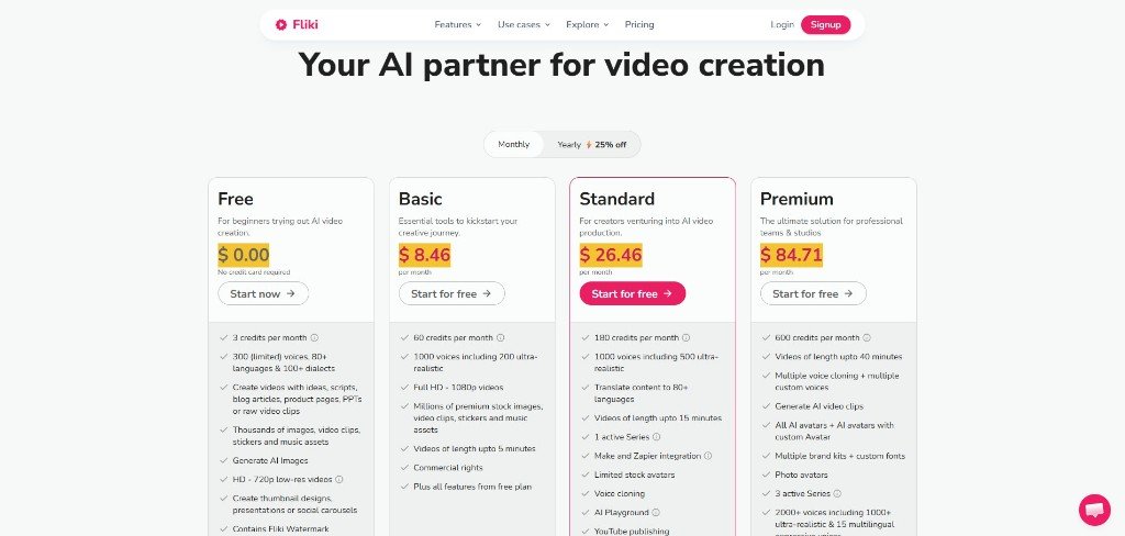 Fliki ai monthly pricing plan