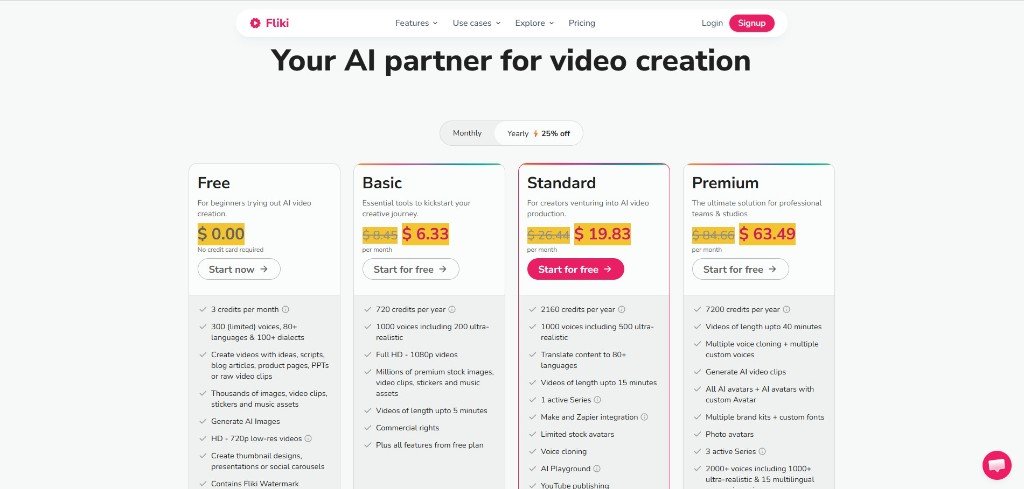 Fliki ai yearly pricing plan