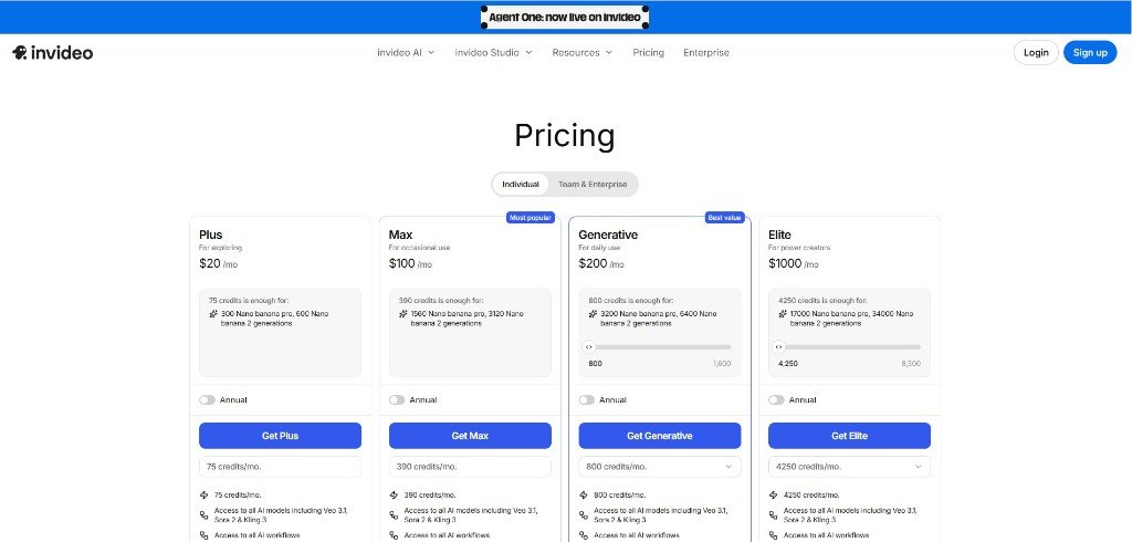 InVideo ai monthly pricing page