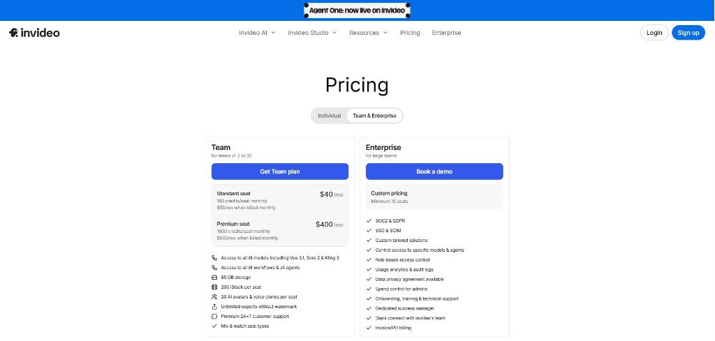 Invideo ai team and enterprise pricing