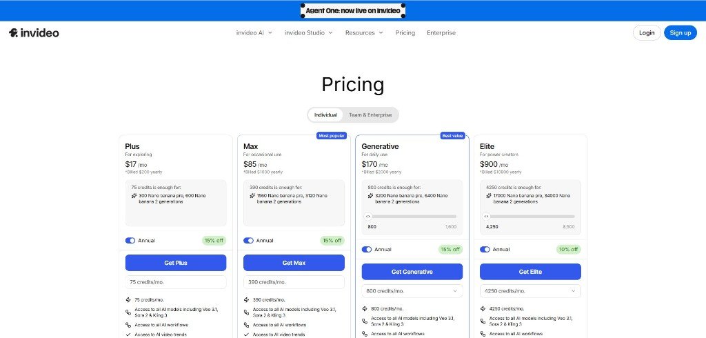 Invideo ai yearly pricing plan