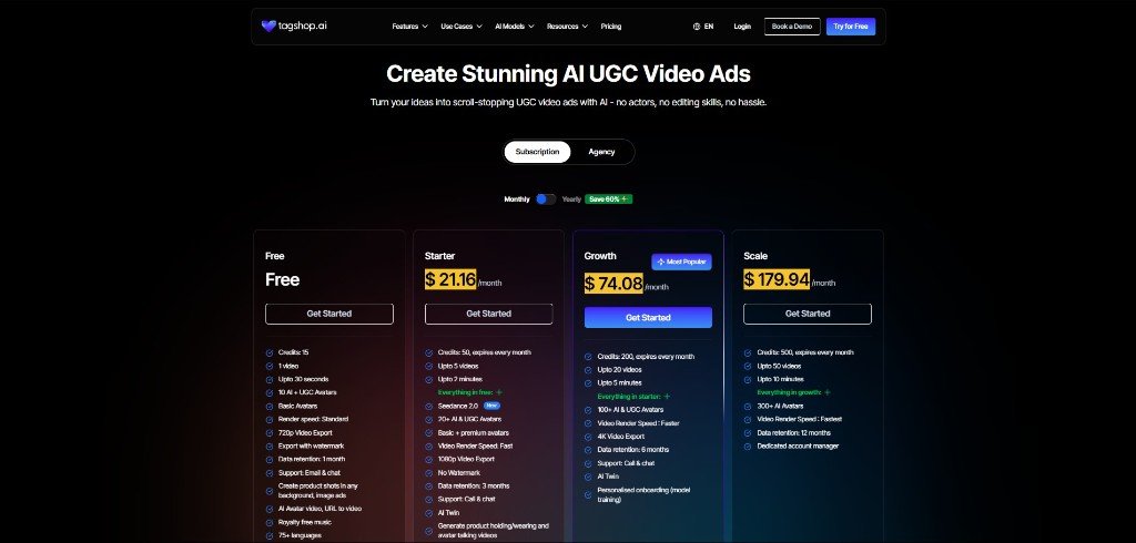 Tagshop ai monthly pricing page