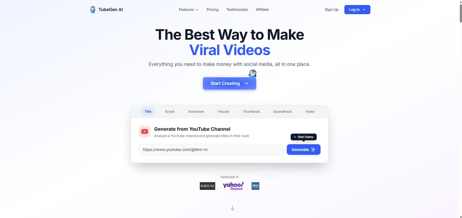 TubeGen AI, best AI long form video generator homepage