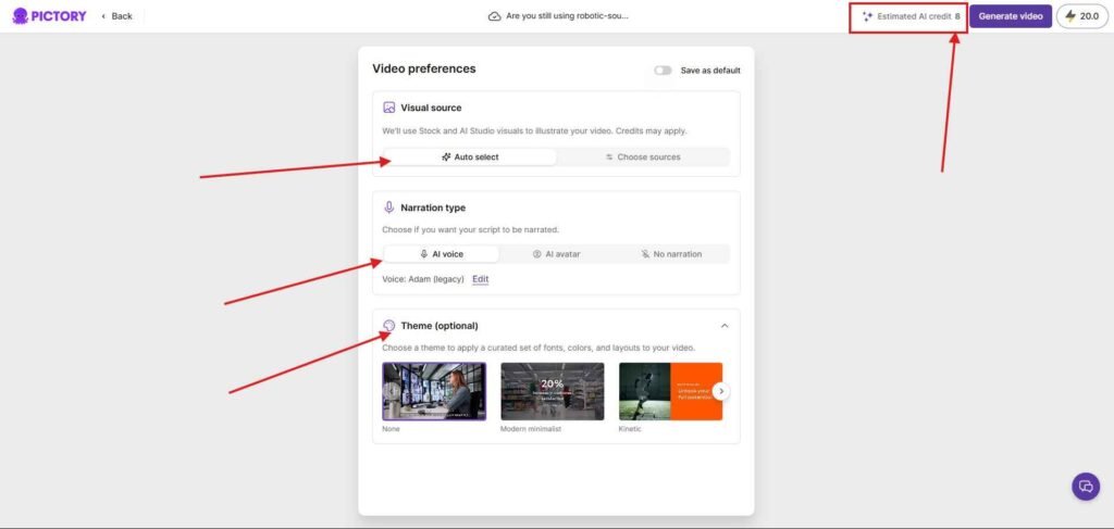 Pictory ai video preferances dashboard