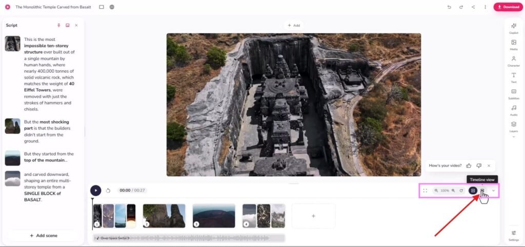 AI faceless video editing section on Fliki